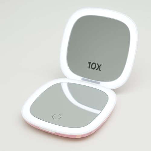 Lighted Makeup Compact Mirror, 3.9 Inch ? 1x/10x Magnification Portable, LED ? Auto Light On/Off - USB Charging, (Blush Marble)