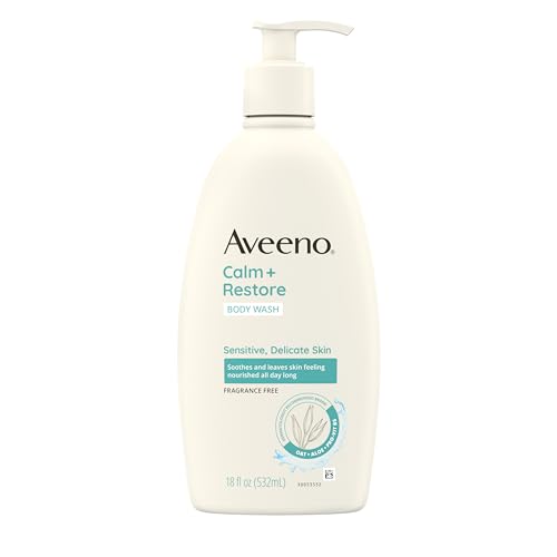 Aveeno Calm + Restore Daily Body Wash for Sensitive, Delicate Skin, Gentle Cleanser with Oat, Aloe & Pro-Vitamin B5 Soothes & Leaves Skin Feeling Nourished, Fragrance Free, 18 fl. oz