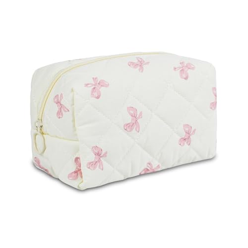 Quilted Makeup Pouch,Cotton Puffy Makeup Bag, Coquette Cosmetic Bag for Women and Girls, Aesthetic Organizer Bag, Cute Flower Travel Toiletry Bag