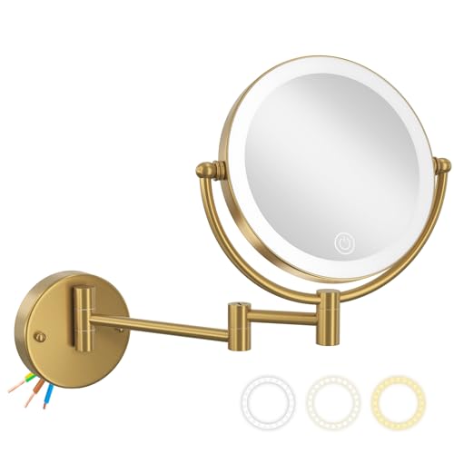 Hardwired Bathroom Makeup Mirror Wall Mount Gold, Double Sided 1/10X Magnifying Make up Mirror with Lights 3 Color & Adjustable Brightness, 360 Swing Arm Shaving Mirror, Brushed Moderne Brass
