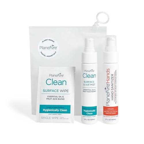 Travel Essentials | Hygiene Kit | Travel Toiletry Kit | Travel Size | Spray Hand Sanitizer Tangerine Coriander Scent | Surface Wipes | Individual Travel Wipes | Surface Cleaner | With Essential Oils