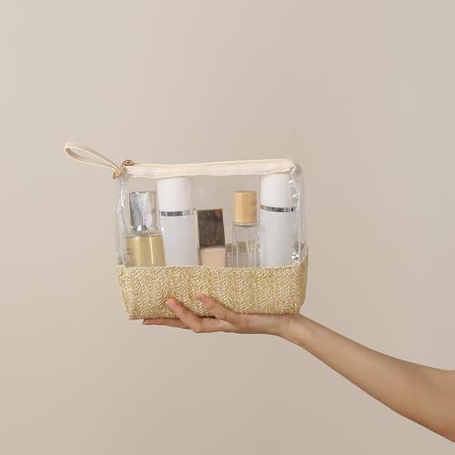 Boho Small Clear PVC Waterproof Makeup Bag with handle, Transparent Zipper Cosmetic Bag for Travel, Beach Bag for Sun screen Skincare (02 Beige-1)