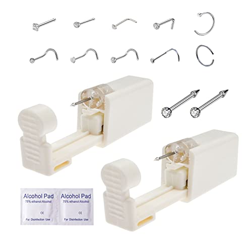 Nose Piercing Kit, 2 Pack Disposable Self Nose Piercing Gun with 10 Pcs Nose Rings