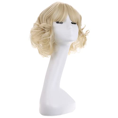 MAGQOO Light Blonde Wig with Bangs Women Girls Short Curly Wavy Light Blonde Hair Wigs Halloween Cosplay Costume Party Wig(12", Light Blonde)