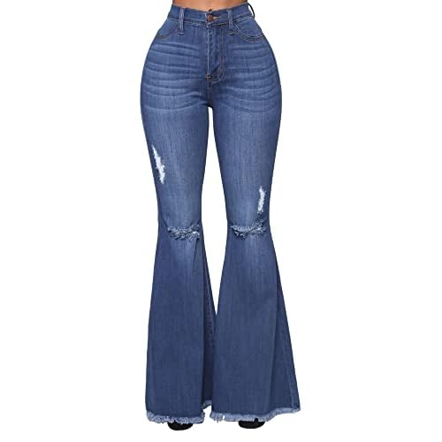 Women's Fashion Bell Bottom Pants High Waist Tassel Stretch Curvy Fit Jeans Blue