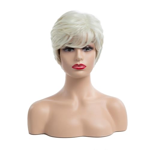 Short Curly Off-White with Golden Undertones Synthetic Wigs for Women, Natural Layered Curly Wig, Lightweight, Perfect for Daily Use