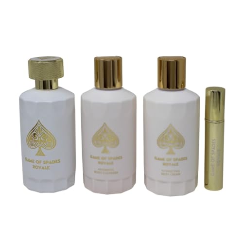 Jo Milano Game of Spades Royale 4-Piece Gift Set Unisex, (3.4 Oz Parfum Spray + 6.8 Oz Body Cleanser + 6.8 Oz Body Cream + 0.27 Oz Refillable Atomizer)