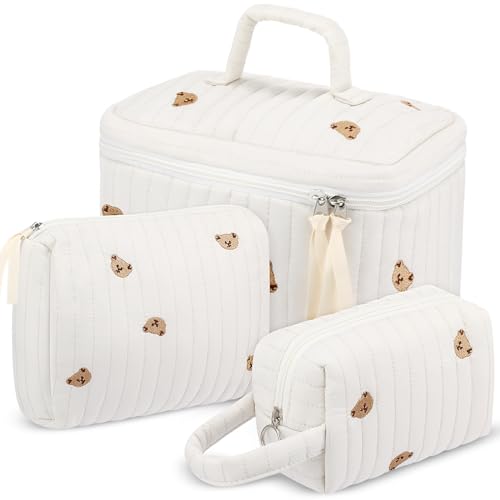 Paterr 3 Pieces Cotton Quilted Makeup Bag Set Coquette Cosmetic Bag Aesthetic Travel Toiletry pouch Cute Pouch Kawaii Aesthetic for Women(White,Little Bear)