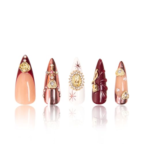LOVFUL Press on Nails Royal Crimson | Handmade with Full Covered Crystals | Reusable Full Cover Nails | Stiletto Classic Regular 1.3 in | H383-M