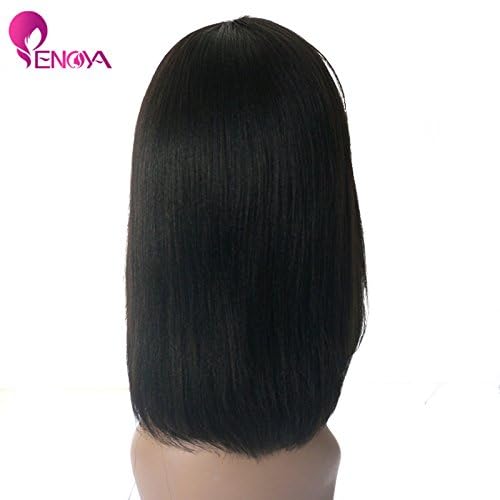 Enoya Bob Wig Human Hair Wear and Go Glueless None Lace Front Wigs with Bangs, Light Yaki Straight Full Machine Made Wig 180% Density Short Bob Wigs for Black Women (10" Color #1)