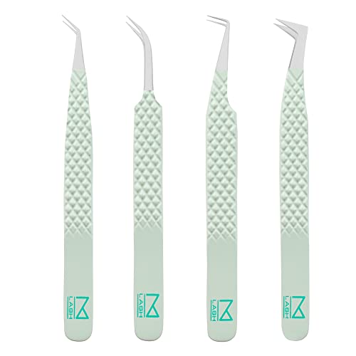 M LASH Tweezers for Eyelash Extensions (Set of 4) - Professional Lash Extension Tweezers - Fiber Tip, Japanese Steel, Diamond Grip Eyelash Extension Tweezer (ET-GRN)