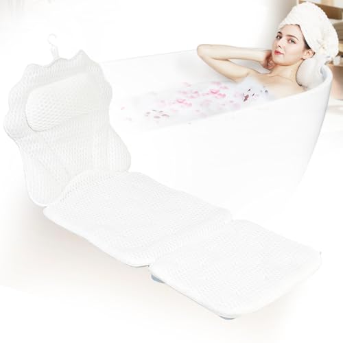 Full Body Bath Pillow for Bathtub, Spa Tub Cushion with 10 Suction Cups - 4D Air Mesh Quick-Dry Bathtub Pillow for Head, Neck & Back Support - Includes Laundry Bag