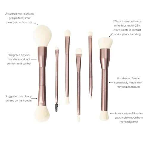 Jenny Patinkin Luxury Dual Ended Makeup Brush Set, 6 Makeup Brushes, Professional & Travel Makeup Brush Set with White Leather Case, 2.5x More Vegan, Soft Bristles for Full Face Flawless Application.