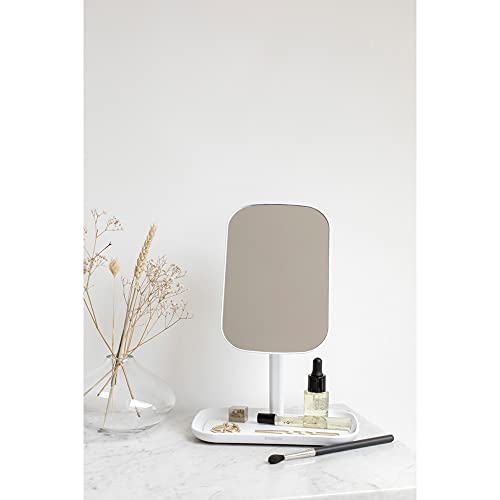 Brabantia Renew 360° Adjustable Vanity Bathroom Mirror with Stand & Storage Tray (White) Non-Slip Tray for Makeup, Jewellery, Shaving Accessories (8x8x11)