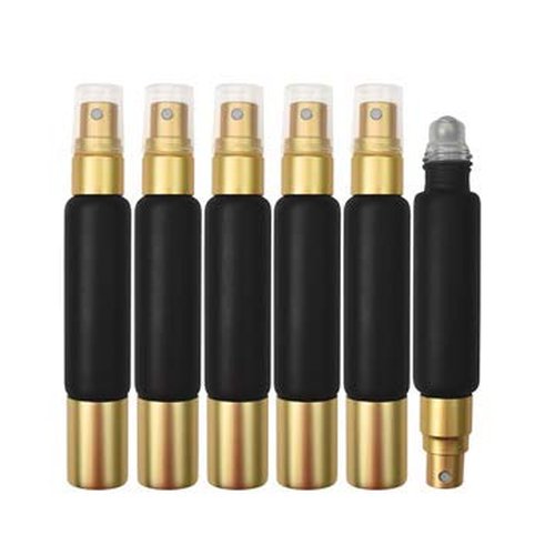 6-Pack Black Glass Bottles with Dual Ends – Sprayer & Roller Tops – Leakproof, Premium Essential Oil & Perfume Bottles with Elegant Gold Accents – Refillable Custom Blend Containers