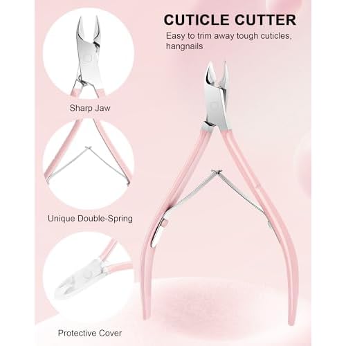 Cuticle Trimmer with Cuticle Pusher and Nail Clipper - 4 PCS Cuticle Cutter Nipper Remover Pedicure Manicure Tools, Professional Stainless Steel Dead Skin Clipper for Fingernails Toenails Pink