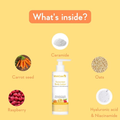 WishCare Sunscreen Body Lotion with SPF 50 PA+++ - Broad Spectrum UVA & UVB Protection, No White Cast, Enriched with Carrot Seed & Raspberry - Body Sunscreen Lotion 200ml