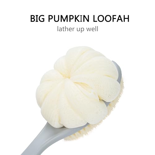 Shower Body Brush with Bristles and Large Pumpkin Loofah,Back Scrubber Bath Mesh Sponge with Anti-Slip Curved Long Handle for Skin Exfoliating,Massage Bristles for Wet or Dry,Men Women (Grey)