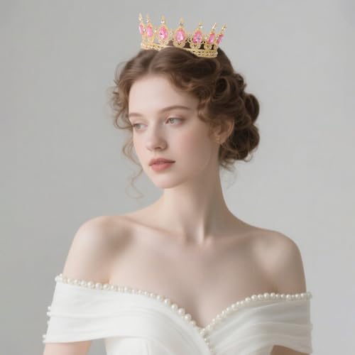 Pink Crown for Women Crystal Tiara and Queen Crown for Girl Wedding Headband for Bride Hair Accessories for Costume Birthday Party Cake Decoration Prom