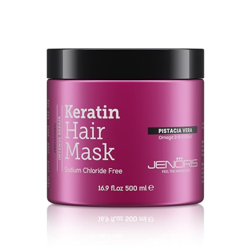 Jenoris Keratin Hair Mask for Dry, Damaged & Frizzy Hair ? Deep Conditioning Treatment with Natural Omega 3-6-9 Complex & Pistachio Oil, Salon-Professional, Paraben & SLS Free, 16.9 Fl Oz