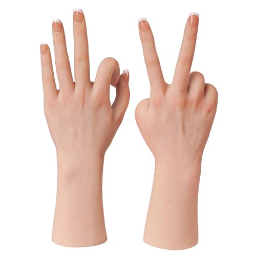 KUMIHO Realistic Silicone Female Hand Model Fake Hand for Jewelry Display Tattoo Training Practice Art Sketch with Nails, 1 Pair -with Skeleton, Brown