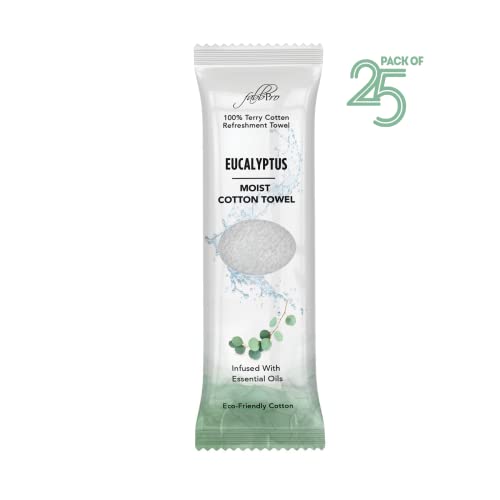Oshibori Moist Terry Cotton Refreshment Towels (25 Pack, 8 x 8 Inches) - White Scented Pre-moistened Towel to Use Hot or Cold (Eucalyptus)