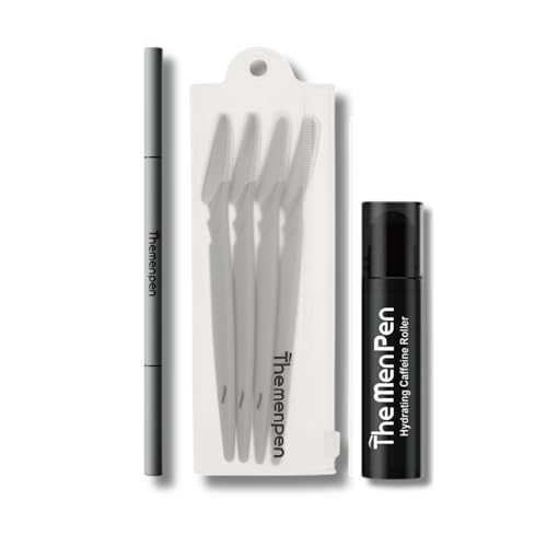 The Men Pen Refresher Kit | Eyebrow, Beard & Hair Filler + Caffeine Eye Roller + Razor 4-Pack, Waterproof, Long-Lasting, Sweat-Proof Grooming Essentials