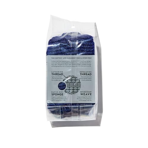 GOSHI Exfoliating Shower Sponge - Rip-Resistant, Rapid-Drying Exfoliating Bath Sponge for All Skin Types - Indigo Blue - Made in Japan