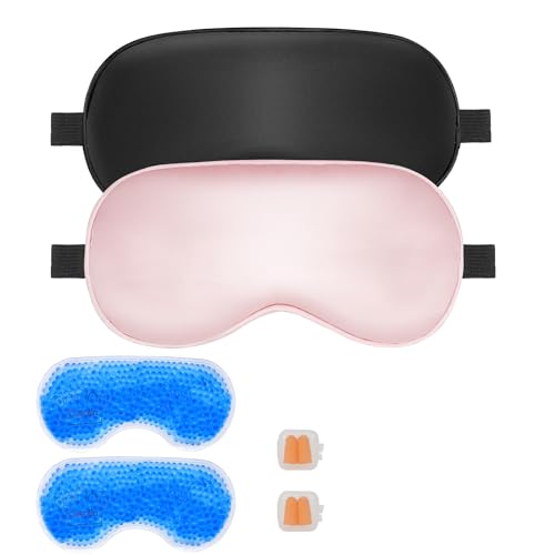 Sleep mask w/Cooling Gel Eye Mask, 2Packs Heated Eye Mask for Sleeping, Reusable Ice Silk Blackout Eye Cover Sleeping Mask for Travel, Home, Office, Yoga, Stocking Stuffers (Black+Pink)