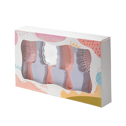 4 Pieces Mini Wet Hair Brush Hair Comb Set For Women Girls Kids Gift Small Cute Cloud shaped Hair Comb Hair Brush Handheld Mirror Set Travel Detangling Comb Massage HairBrush with Air Cushion (Pink)