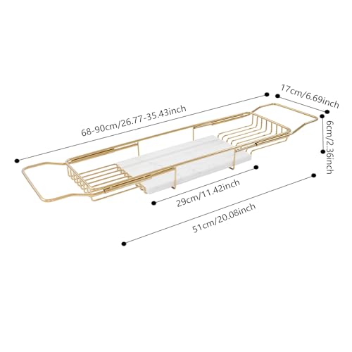 Bathtub Tray Caddy for Luxury Bath, Stainless Steel 26.8-35.4 in Expandable Extra Wide Bath Tub Tray with Natural Marble and Mobile/Tablet Stand, Ideal for Home Spa Lovers (Gold + White)