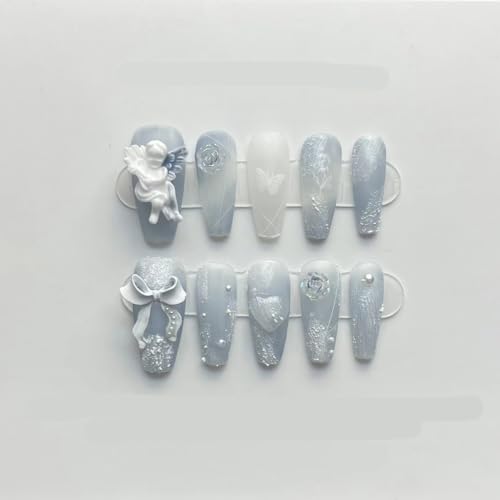 Handmade Blue Nail Patches for Rose Angels - Fake Nails and Manicures(Long blue,L), 1 Count (Pack of 1)