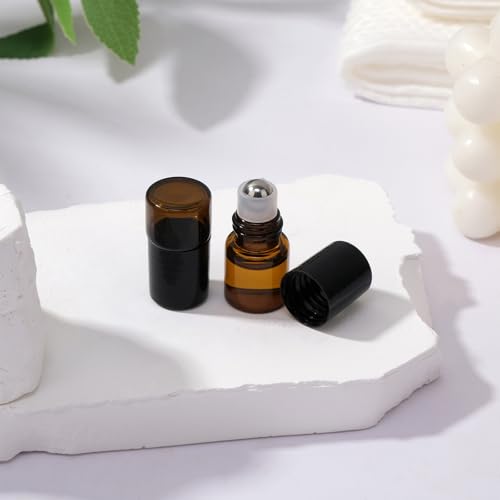 120 pack 1ml Amber Glass Roller Bottles for Essential Oils Refillable Roll-on Applicator with Stainless Steel Roller Balls Mini Leak-proof Makeup Containers with Pipettes and Bottle Opener