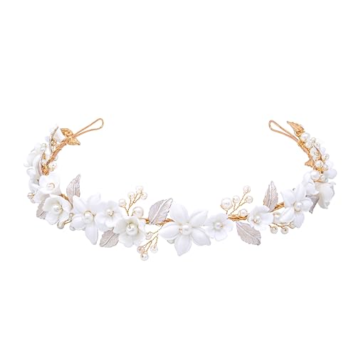 Oriamour Wedding Headbands With Ceramic Flowers Bridal Wedding Headpieces For Women Girls Pearls Headband With Leaves Desgin (Gold)