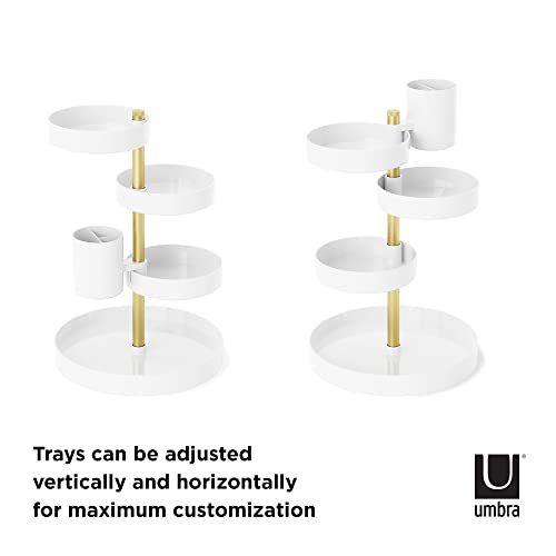 Umbra Pirouette Cosmetic Organizer, Large Capacity Makeup Storage with Adjustable Compartments, White/Brass