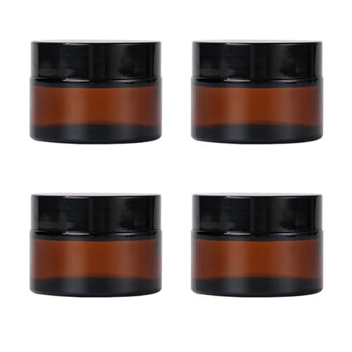 Amber Glass Jars with Lids, 4 Pack 1oz Small Glass Jars with Inner Liners, 30 ml Reusable Empty Round Cosmetic Container for Creams, Lotion, Cosmetic, Spice, Powder