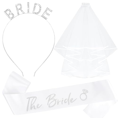 Bride Headband and Sash Veil for Bachelorette Party Tiara Veil for Wedding Bridal Shower Hairband With Veil Bridal Sash Wedding Headpiece for Bride