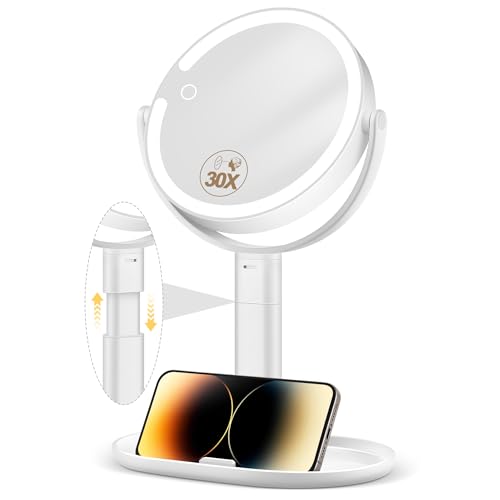 Makeup Mirror with Lights, 30X Magnifying & Height Adjustable, Lighted Magnifying Mirror with 3 Light Modes and Stepless Dimming, Vanity Mirrors for Bathroom, Birthday Gift for Women, White