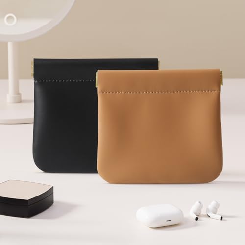 2 Pcs Small Makeup Bag for Purse, Upgrade Organosilicone Mini Makeup Pouch for Women with Snap Closure Clamp, Portable Small Cosmetic Bag Travel Storage Pouch for Coin Lipstick (Black + Brown)