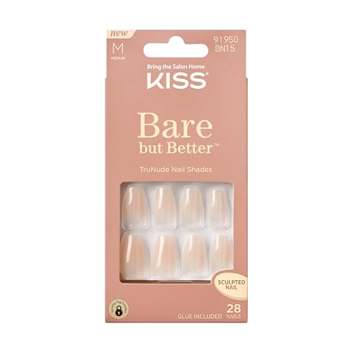 KISS Bare but Better, Press On Nails, Nail glue included, 'Embrace It', Light Nude, Medium Size, Coffin Shape, Includes 28 Nails, 2G Glue, 1 Manicure Stick, 1 Mini File