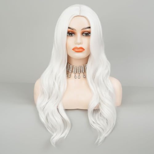 White Cosplay Wigs for Women Long Curly Wavy Middle Part Wig Heat Resistant Fibre Hair Wig for Halloween Costume Party Use
