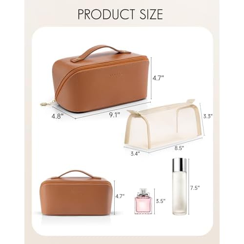 Vlando Travel Makeup Bag,Brown Leather Make up Bag,Portable Toiletry Bag with Divider and Handle,Gifts for Women (Brown)