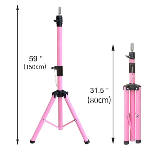 Reinforced Wig Stand Tripod 59" Heavy Duty Adjustable Mannequin Head Stand Tripod for Styling Cosmetology Hairdressing Training, Pink Wig Head Stand Sets with Wig Caps,Comb,Hair Clips, T-Pins,Headband