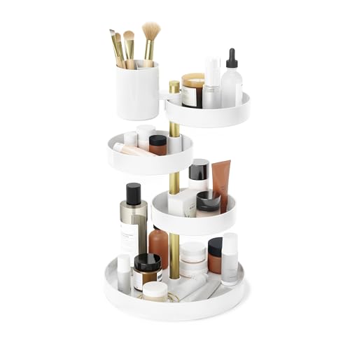 Umbra Pirouette Cosmetic Organizer, Large Capacity Makeup Storage with Adjustable Compartments, White/Brass