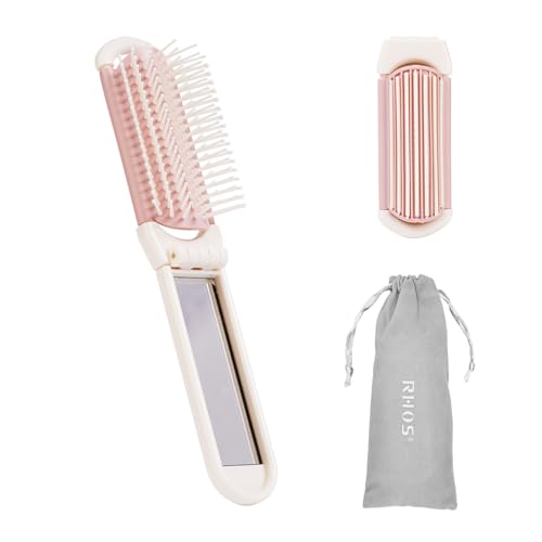 RHOS Folding Brush with Mirror for Women, Girls - Mini Hair Brush for Purse, Small Pocket Brush with Soft Nylon Bristles and Mirror for Travel (Beige)