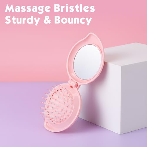 Boao 2 Pack Foldable Travel Mirror Hair Brushes Round Portable Folding Pocket Hair Brush Mini Comb Compact Travel Size Massage Comb for Men Women (Pink,Mango)