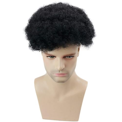 Afro Men's Toupee for African American Men Hairpiece 100% Human Hair 10x8inch Replacement Wig #1 Jet Black Color (All Swiss Lace Base, 1 Jet Black Color)