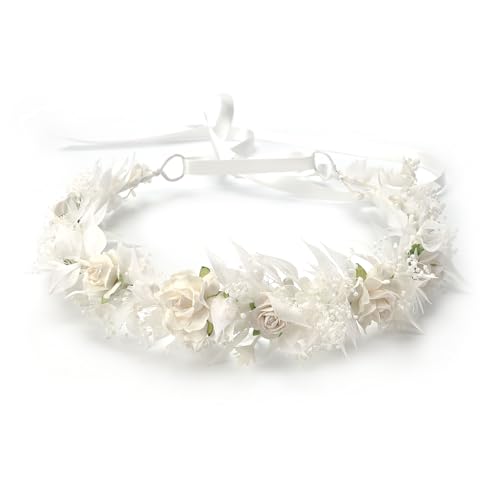 White Flower Girl crown Brides Baby's Breath Headpiece Floral Hair Wreath Hair Accessories Headband for Child(43cm)