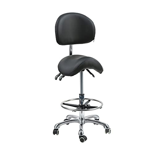 Saddle Stool Chair with Backrest Swivel Hydraulic Ergonomic Tilt Seat Chair with Wheels Footrest for Medical Hospital Clinic Dental Hygienist Esthetician Beauty Salon Hair Stylist Black