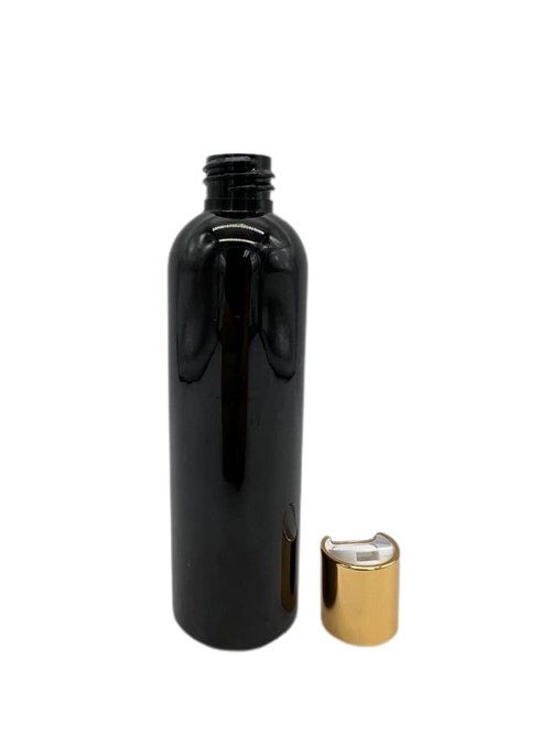 Natural Farms 4 oz Black Cosmo Plastic Bottles -12 Pack Empty Bottle Refillable - BPA Free - Essential Oils - Aromatherapy | Gold Disc Caps - Made in the USA